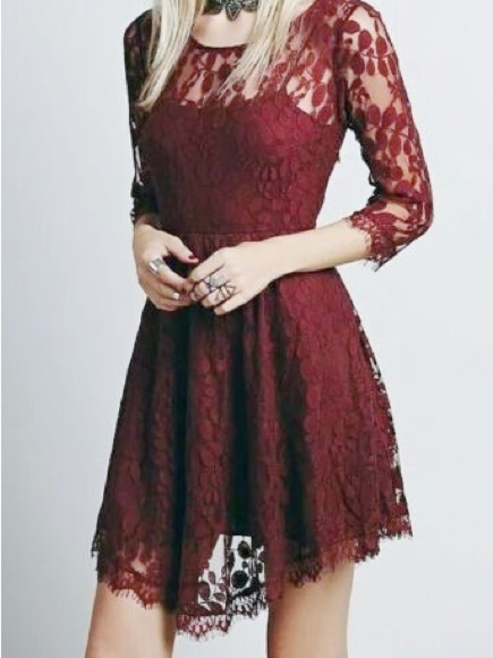 Free People Fit-and-Flare Ballet Floral Lace Dress in Burgundy